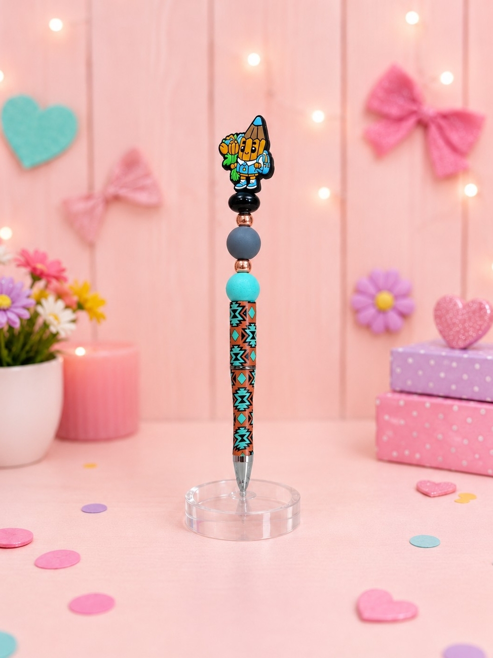 Cute Turquoise & Black Kids Pencil Pen with Character Top